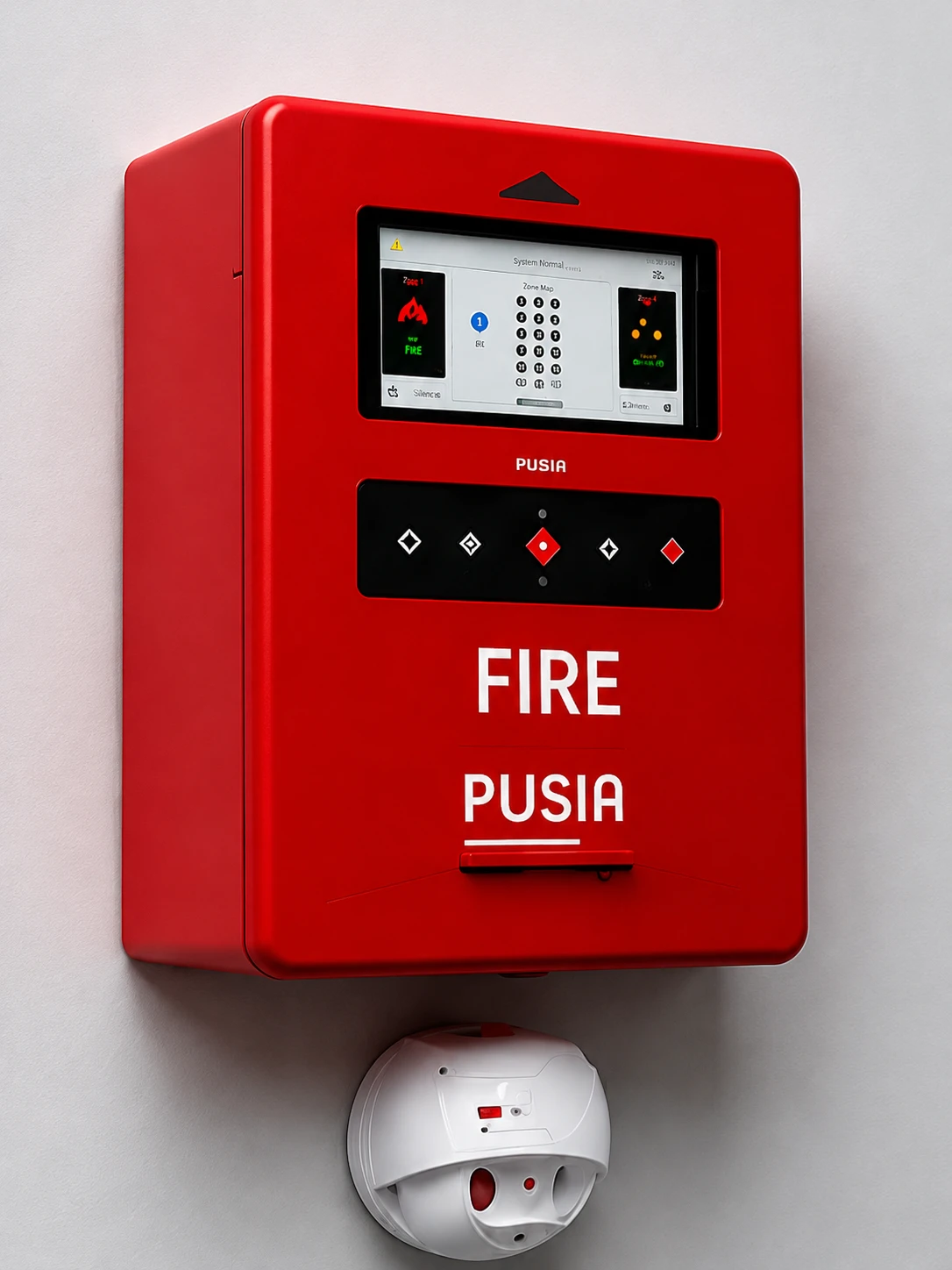 Red fire alarm call point on a wall