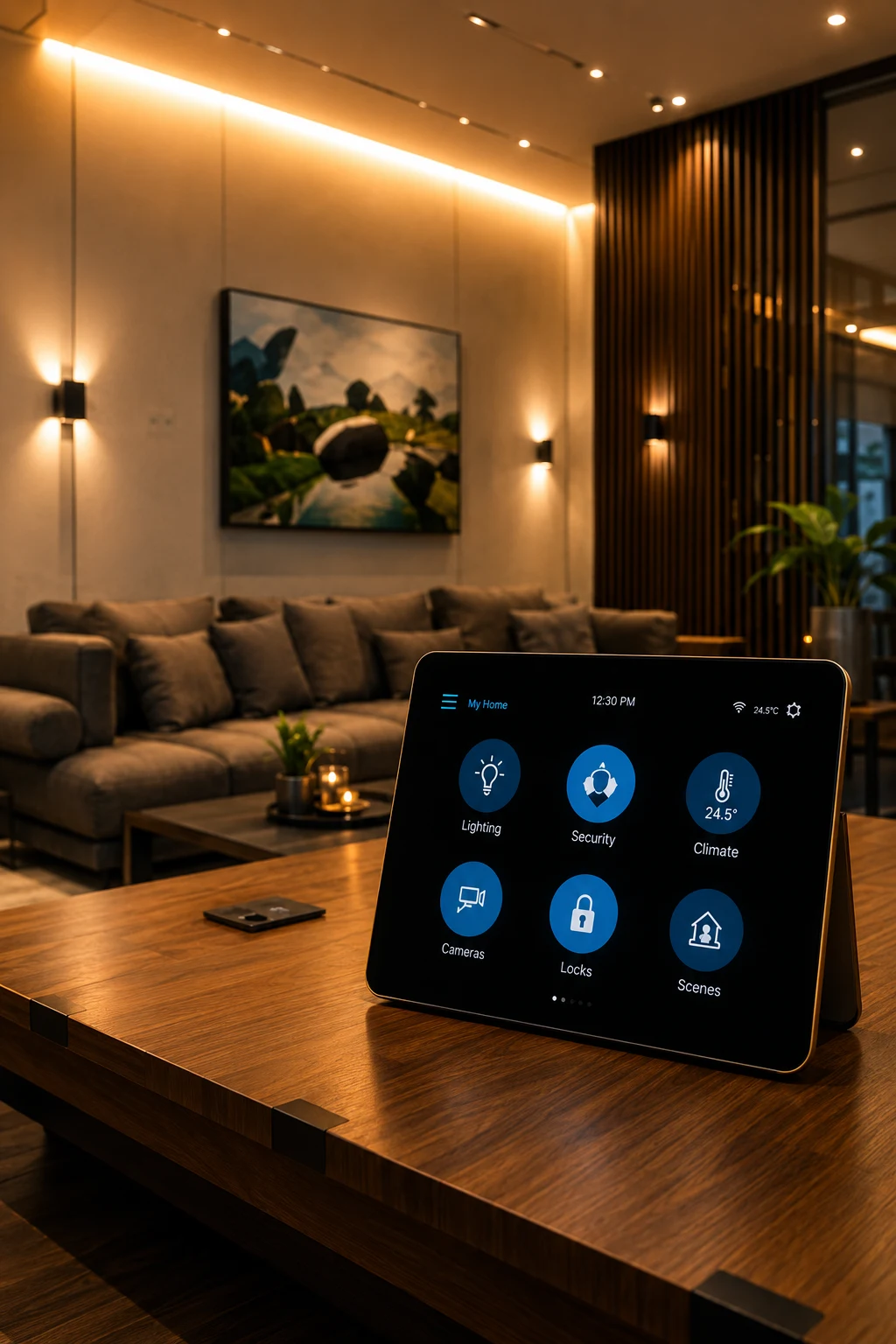 Smart home automation panel controlling lighting and climate